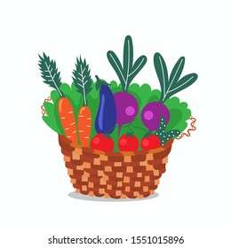 Wicker basket with useful vegetables. Local production. Environmentally friendly products. Farming. Isolated editable vector