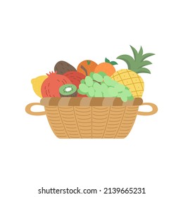 Wicker basket with various fruits. Vector illustration in cartoon style.