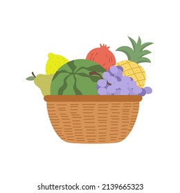 Wicker basket with various fruits. Vector illustration in cartoon style.