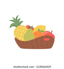 Wicker basket with various fruits. Vector illustration in cartoon style.