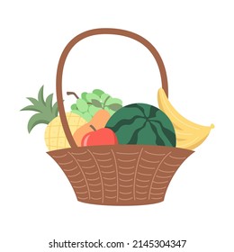 Wicker basket with various fruits. Vector illustration in cartoon style.