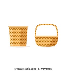 Wicker Basket Vector Icons Isolated, Flat Cartoon Weave, Storage Or Picnic Decorative Baskets Set