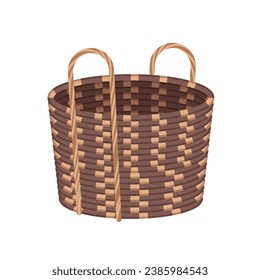 Wicker basket vector illustration. Cartoon isolated empty rattan or wooden hamper with natural brown braided textured wires and handles, retro traditional round box for picnic food, rural accessory