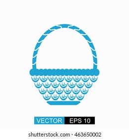 Wicker basket vector. Isolated blue icon on white background.