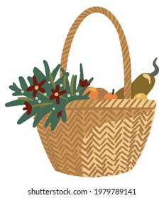 Wicker basket with vegetables and flowers. Hand drawn vector illustration. Colored cartoon doodle. Single cottagecore theme drawing isolated on white. Element for design, print, sticker, card, decor.