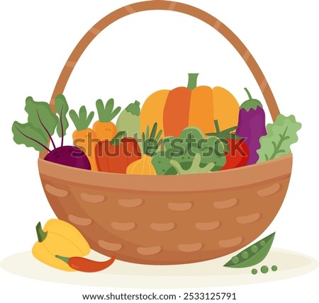 Wicker basket with vegetables. Harvest time. Fresh and organic vegetables in basket. Healthy food. Vegetarian food. Vector illustration on white background.