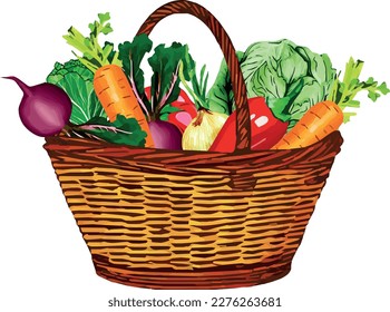 wicker basket with vegetables, isolate, vector, carrots, cabbage, beets, greens, peppers