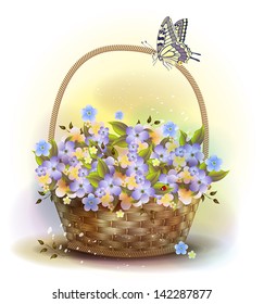 Wicker basket with violets. Victorian style.