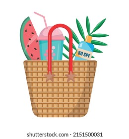 Wicker basket with watermelon, cocktail, sun cream and palm branch. vector illustration