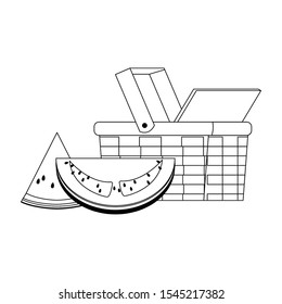 wicker basket and watermelon fruit over white background, vector illustration