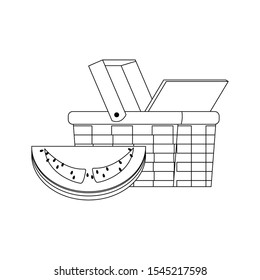 wicker basket and watermelon icon over white background, vector illustration