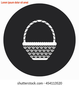 Wicker basket web icon. Gray circle button with white illustration.