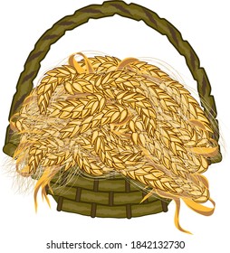 wicker basket with wheat spikelets close-up, isolated on a white background