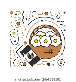 Wicker basket with white flowers isolated. Dark chocolate bar sweet treat. Traditional American thanksgiving sweet food at dinner icon textured concept design. Hand drawn flat vector illustration