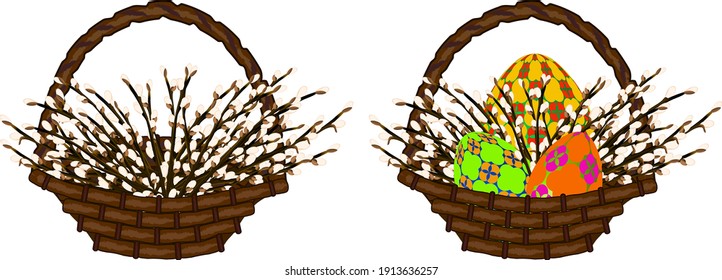 wicker basket with willow branches and colorful eggs for the Easter holiday 