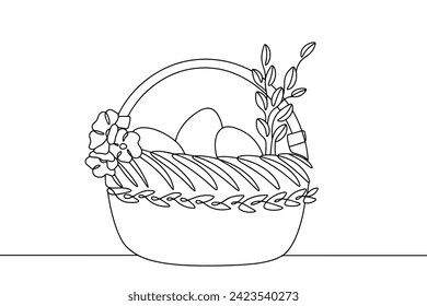Wicker basket with willow branches and Easter eggs. Basket decorated with flowers. Easter line illustration. Vector. Images produced without the use of any form of AI software at any stage. 