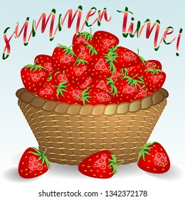 Wicker basket without a handle, a bowl full of berries, strawberries, strawberries scattered near.