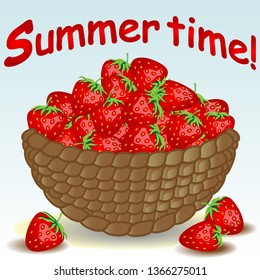 Wicker basket without a handle, a bowl full of berries, strawberries, strawberries scattered near.