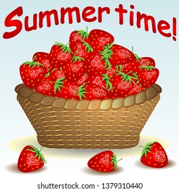 Wicker basket without a handle, a bowl full of berries, strawberries, strawberries scattered near.