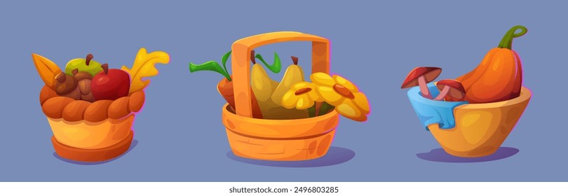 Wicker basket and wooden plate with autumn rural fruits and vegetables. Cartoon set of fall seasonal food, flowers and leaves. Agriculture harvest in box - apples and pumpkins, mushrooms and carrot.