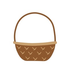 Wicker Basket. Woven Brown Basket For Picnic, Easter, Cake, Luncheon, Noon, Mushrooms. Pottle, Pannier. Isolated Vector Stock Illustration Eps 10 On White Background