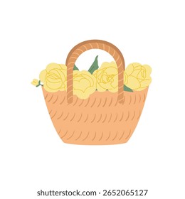 Cesta de vime com peônias amarelas. Ilustração plana vetorial de arranjo floral em saco de cesta de palha. Buquê romântico decorativo sobre fundo isolado