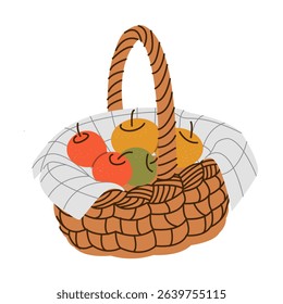 Wicker baskets with autumn harvest of apples composition isolated set on white. Natural fall still life. Fresh fruit, farm organic healthy food. Seasonal poster,card,invitation, sticker.
