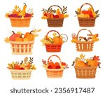 Wicker baskets with autumn harvest of mushrooms, fruits and vegetables composition isolated set on white. Natural fall still life decorated with garden or forest plant leaves vector illustration