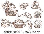 Wicker baskets with bread rolls and baguettes, pancakes, bread and butter
