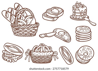 Wicker baskets with bread rolls and baguettes, pancakes, bread and butter