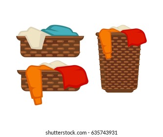 Wicker baskets with dirty laundry isolated illustrations set