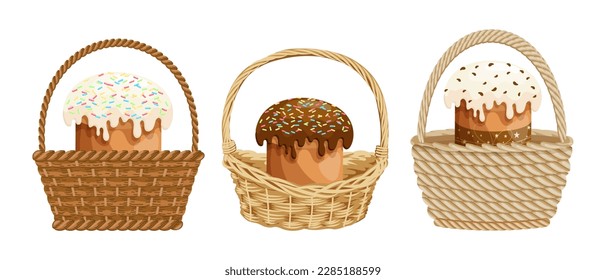 Wicker baskets with Easter cakes, set. Colorful easter illustration, greeting card, vector