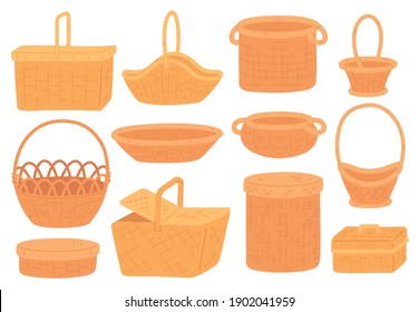 Wicker baskets. Empty straw basket for picnic, grocery or gift. Handmade round bamboo hamper and box. Trendy flat rattan basketry vector set. Illustration basket wicker handmade for picnic