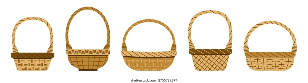 Wicker baskets. Empty straw basket for picnic, grocery or gift. Handmade round bamboo hamper and box. Trendy flat rattan basketry vector set. Illustration basket wicker handmade for picnic