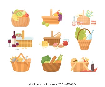 Wicker baskets with food cartoon illustration set. Various picnic baskets with wine, fruits, vegetables, hamburgers, fast food for family dinner or romantic date outdoor. Summer, food, weekend concept