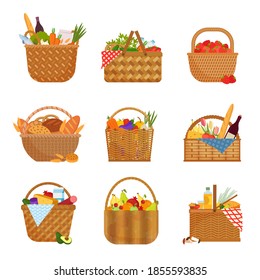 Wicker baskets with groceries set. Straw containers filled with fruits and vegetables purchases from store rye freshly baked bread bottle of wine ethnic tracery and everything for picnic. Vector art.