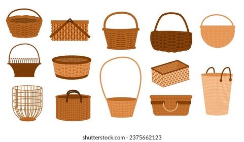 Wicker baskets. Handmade woven straw containers for grocery shopping, traditional rural picnic baskets for eco packaging. Vector set. Ecological handcrafted accessory for carrying products