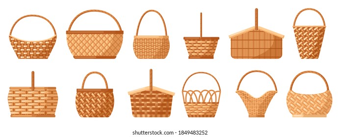 Wicker baskets. Picnic willow baskets, empty straw hampers, decorative wicker baskets with handle. Picnic baskets vector illustration set. Easter holiday various containers for food