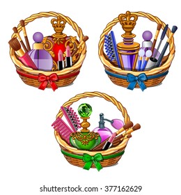 Wicker baskets set of cosmetics. Vector illustration.