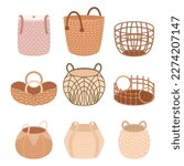 Wicker Baskets Set In Different Sizes And Shapes, Crafted With Natural Materials Like Rattan, Bamboo, Or Willow. Stylish Baskets For Storage, Aesthetic Or Interior Decor. Cartoon Vector Illustration