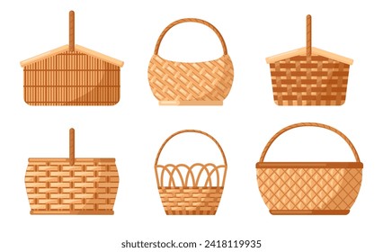 Wicker baskets set. Picnic empty design container, straw traditional and natural handmade, wooden woven, handle craft for easter, vector illustration