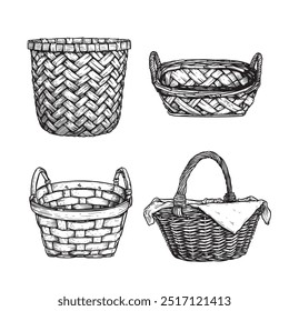 Conjunto de cestas de mimbre. Dibuja un estilo dibujado a mano. Picnic y símbolo de la cosecha. Ilustraciones vectoriales aisladas en blanco.