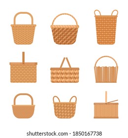 Wicker baskets set. Yellow knapsacks in decorative tracery traditional straw products rustic retro designs ethnic texture with creative nature plan ornament holidays and work. Cartoon art vector.