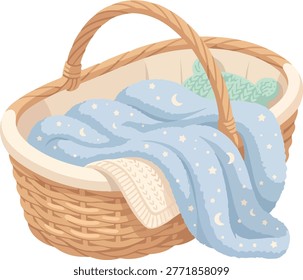 Wicker Bassinet with Blue Moon Blanket Baby Nursery