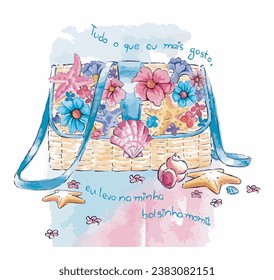 
wicker blue bag with seashells