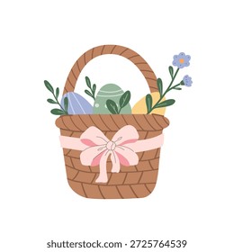 Cesta de mimbre marrón llena de huevos de Pascua estampados y delicadas flores de primavera. Decorado con un lazo de cinta rosa suave. Ilustración estacional de primavera, aislado sobre fondo blanco.