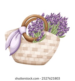 Saco de desenho animado de vime com buquê de lavanda e fita roxa. Grande bolsa artesanal com alças redondas e flores. Acessório de moda, mascote de caminhada de verão, saco bonito de desenho animado de ilustração vetor senhora