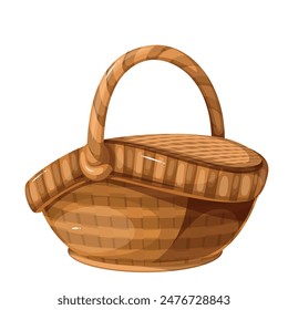 Wicker cartoon basket with closed lid. Funny retro picnic wooden or straw handmade container with handle, food storage and basketry mascot. Cartoon brown craft shopping basket vector illustration