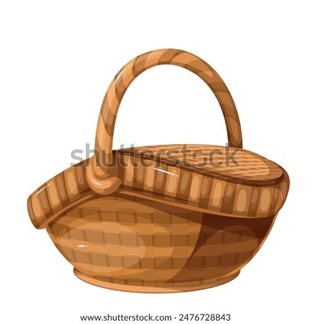 Wicker cartoon basket with closed lid. Funny retro picnic wooden or straw handmade container with handle, food storage and basketry mascot. Cartoon brown craft shopping basket vector illustration