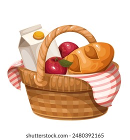 Wicker cartoon basket full of healthy food. Funny retro wooden braided box with fresh apples, package of milk or juice and bread. Cartoon basket from shopping at grocery store vector illustration